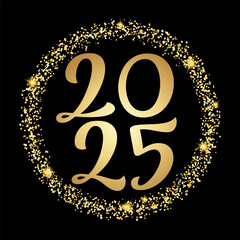 2025 golden hand drawn text in a round shiny frame on black background. Vextor typography illustration for posters, web banners, social media
