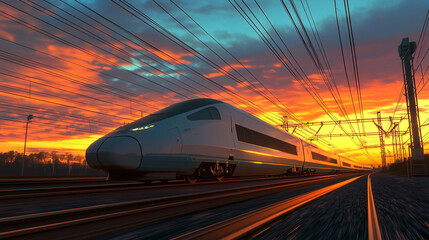 Fototapeta premium High Speed Train at Sunset with Power Lines