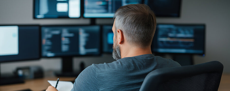 Computer programmer analyzing code and taking notes on multiple monitors in a dimly lit room