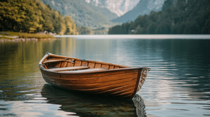 Obraz premium A small wooden boat on the lake