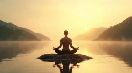 Peaceful Meditation Scene with Nature Elements and Calm Water, Symbolizing Harmony and Serenity in Warm Tones