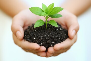 Hands Holding Young Green Plant with Soil - Concept of Growth and Care