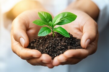Hands Holding Young Green Plant with Soil - Concept of Growth and Care
