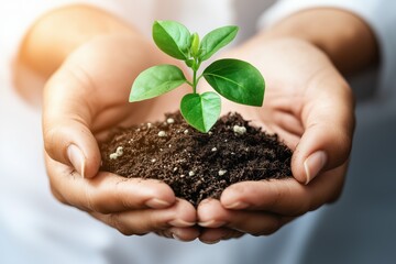 Hands Holding Young Green Plant with Soil - Concept of Growth and Care