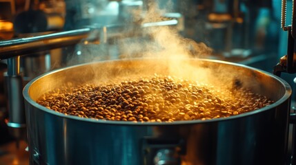 Close-up of freshly roasted coffee beans cooling in industrial coffee roaster, highlighting coffee production process