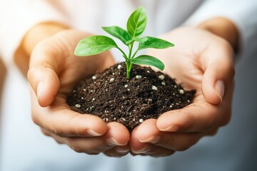 Hands Holding Young Green Plant with Soil - Concept of Growth and Care