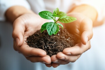 Hands Holding Young Green Plant with Soil - Concept of Growth and Care