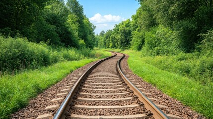Fototapeta premium Curved railway tracks stretch into the distance, surrounded by vibrant green foliage and tall trees, under a clear blue sky. The peaceful landscape invites exploration and adventure