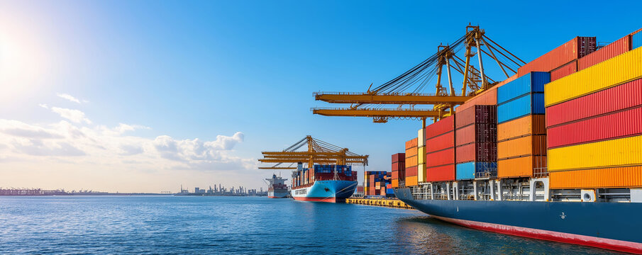 Sunset loading of a large container ship by port cranes in a bustling industrial harbor