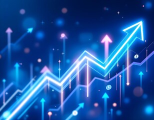 Futuristic Blue Financial Growth Background with Glowing Neon Arrows, Dollar Icons, and Upward Trending Charts - Tech-Inspired Success Design