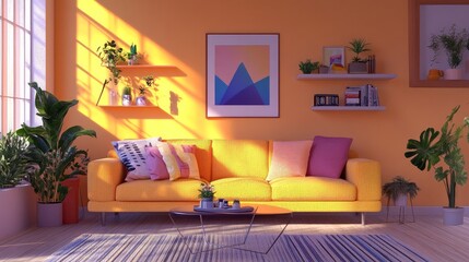 The living room's décor is modern and vibrant, featuring a design boucle sofa, mockup poster, shelves, plants, ornaments, and personal belongings. interior design.