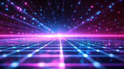 Hi-tech grid with digital holographic elements, purple and cyan neon lighting, sci-fi atmosphere, soft shadows