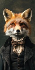 Victorian Fox Fashion Portrait. Stylish Red Fox Dressed in Vintage Clothing with Charismatic Attitude