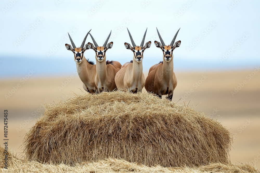 Poster group of antelope are standing in a field of tall grass. the antelope are all facing the same direct