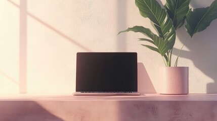Fototapeta premium Aesthetic minimalistic workplace with laptop and plants on pink background.