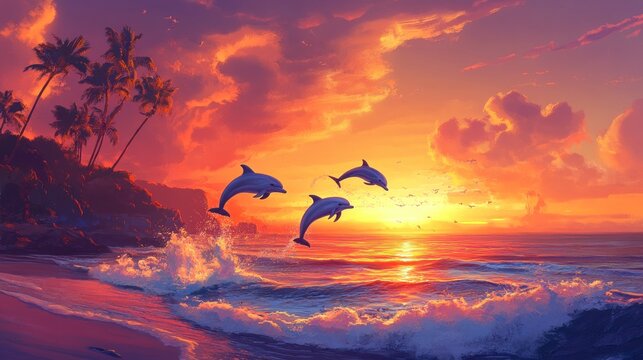 Three dolphins leap from the ocean during a vibrant sunset with palm trees lining the shore.