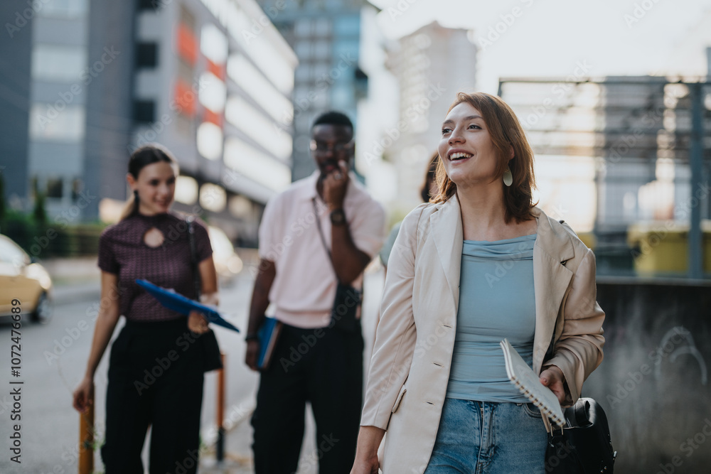 Sticker A group of multicultural business professionals walking together in an urban city environment, exuding confidence and camaraderie. The image captures the essence of teamwork and diversity in a modern