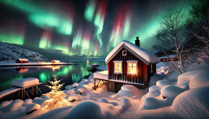house in the night northern light and lake