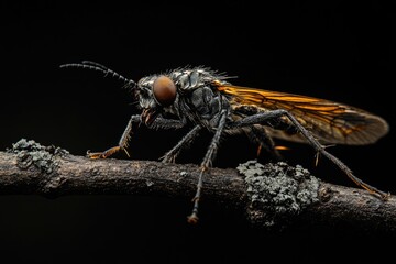 Fototapeta premium Macro Predator: Close-Up of Hairy Robberfly Perched on Tree Branch in Nature