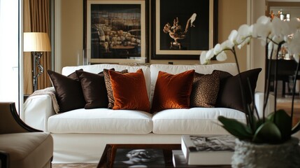 Elegant Living Room with White Couch and Floral Accents