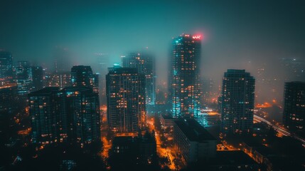 A foggy urban skyline at night, illuminated by city light and a mysterious atmosphere.