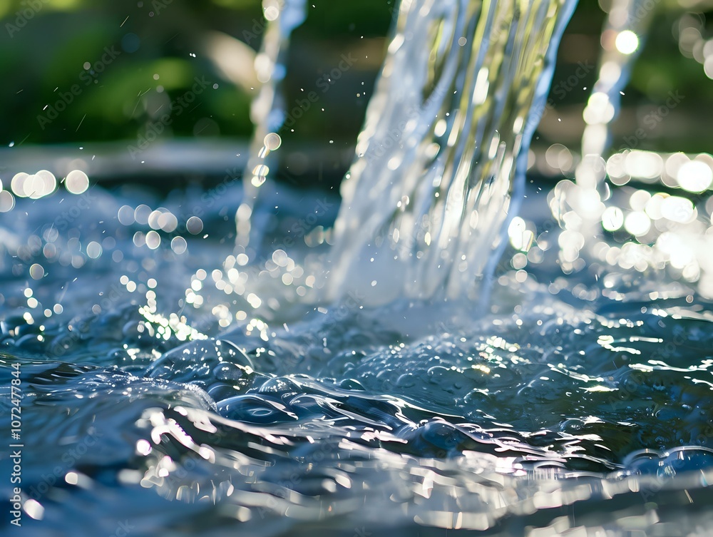 Poster crystal clear water stream splashing with dynamic motion, creating refreshing droplets and ripples a