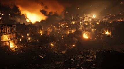 Obraz premium A city engulfed in flames, the night sky illuminated by the fire and smoke.