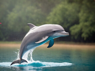 Fototapeta premium Capturing the Playful Dolphin: A Cinematic Journey of Boisterous Enthusiasm and Excitement in a Hazy Morning Setting with Pentax K-1 and 24-70mm f2.8 Lens on a Rainy Day Mood