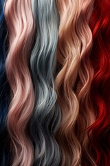 Naklejka premium artistic arrangement of wavy hair strands in shades ranging from soft pink and ash grey to blonde and vibrant red, creating a textured, colorful display.