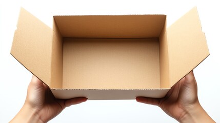 Hands holding an open brown box empty simple minimalist composition neutral isolate white background
