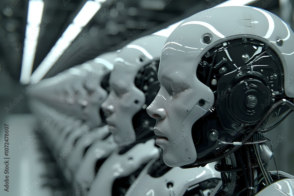 Poster a futuristic scene featuring humanoid robots with sleek white heads and mechanical features. the ima