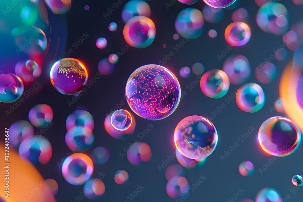 Aufkleber colorful floating bubbles with vibrant reflections against a dark gradient background, creating a dr