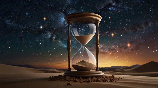 An hourglass resting on desert sands under a starry night sky at dusk, symbolizing the passage of time and stillness in nature