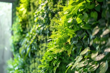 Lush Green Vertical Garden with Ferns and Various Foliage