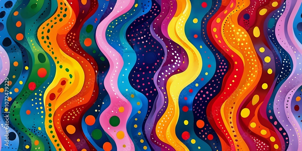 Poster vibrant wavy stripes pattern with colorful dots and swirls creating dynamic abstract background desi
