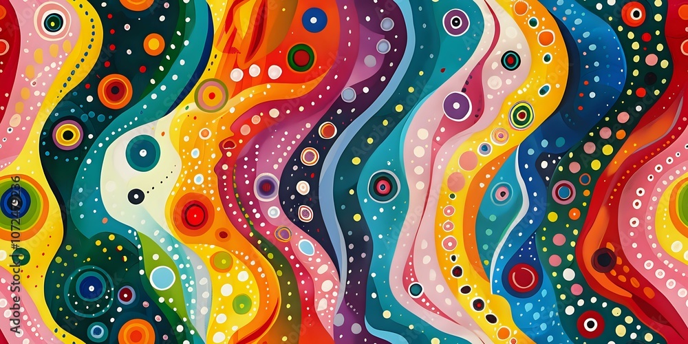 Poster A dynamic and colorful abstract pattern featuring flowing curves and dotted details, creating an energetic and whimsical design. Perfect for textiles, backgrounds, and creative projects.
