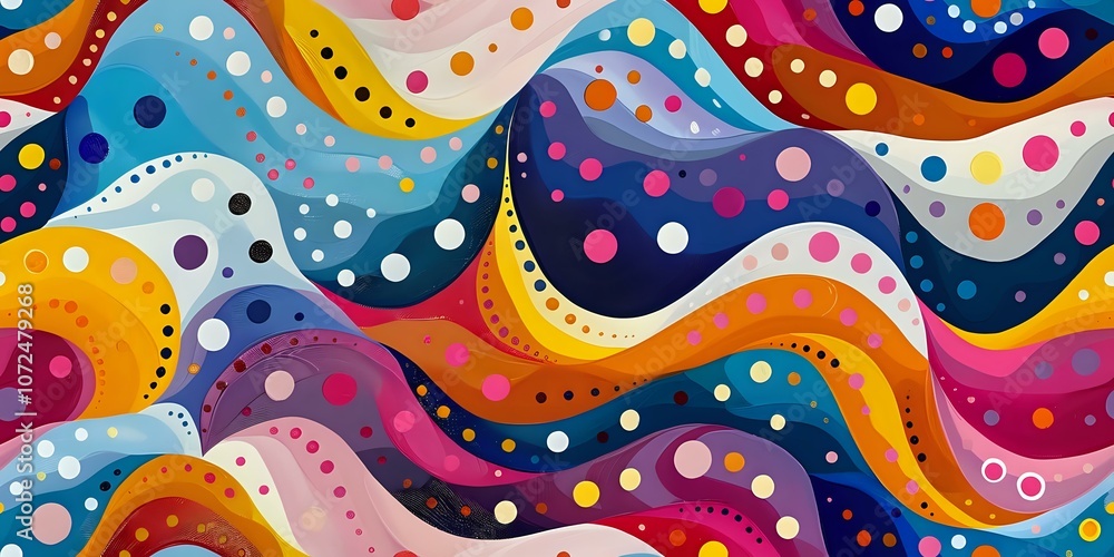 Poster a vibrant and colorful abstract pattern featuring dynamic waves and dotted accents, creating a playf