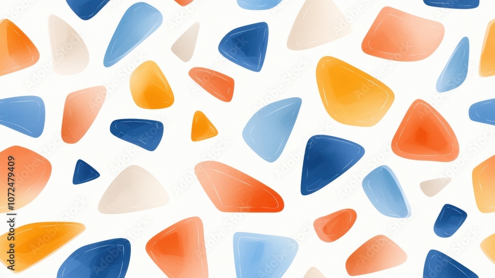 Poster dynamic abstract pattern of colorful glass and porcelain shards in blue, orange, and white on bright