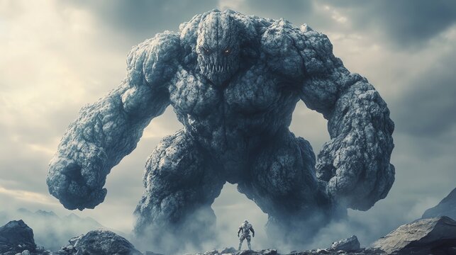 Massive stoneskinned creature standing on rocks muscular and intimidating intense fantasy character design