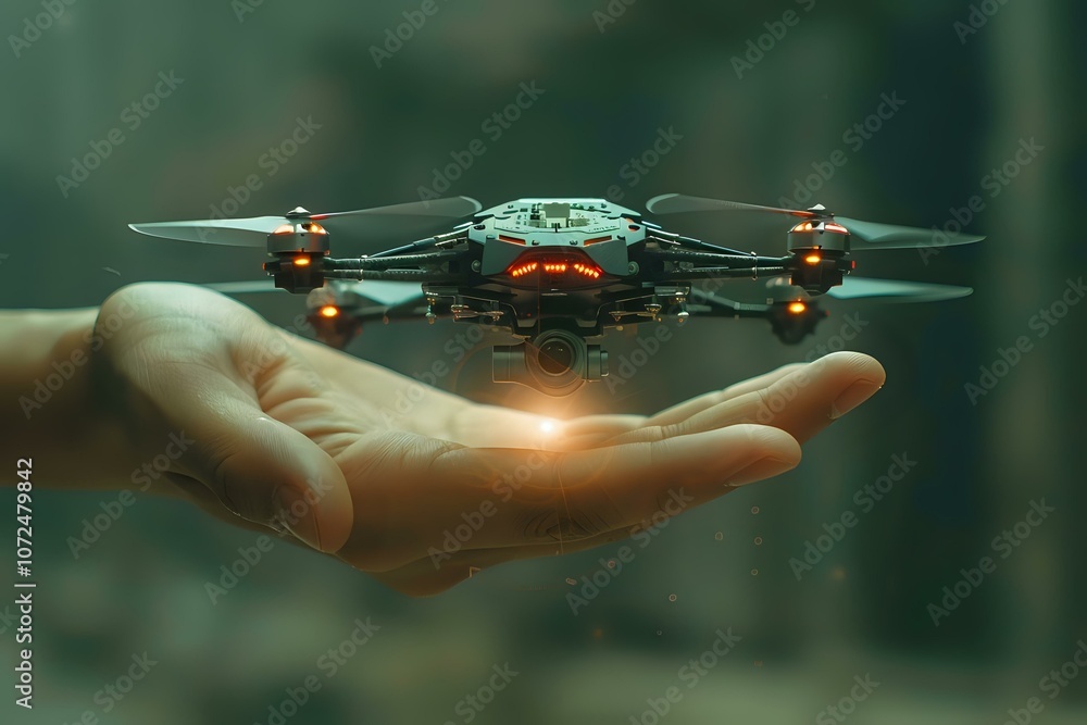 Aufkleber small drone hovering over open palm at dusk, with glowing navigation lights creating atmospheric moo