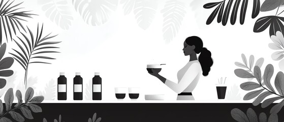 Minimalist juice stand with a monochrome color palette, woman serving, clean lines, soft background plants, modern flat illustration style