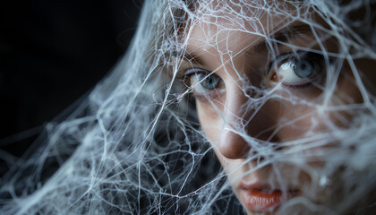 Creepy white spider web on black background