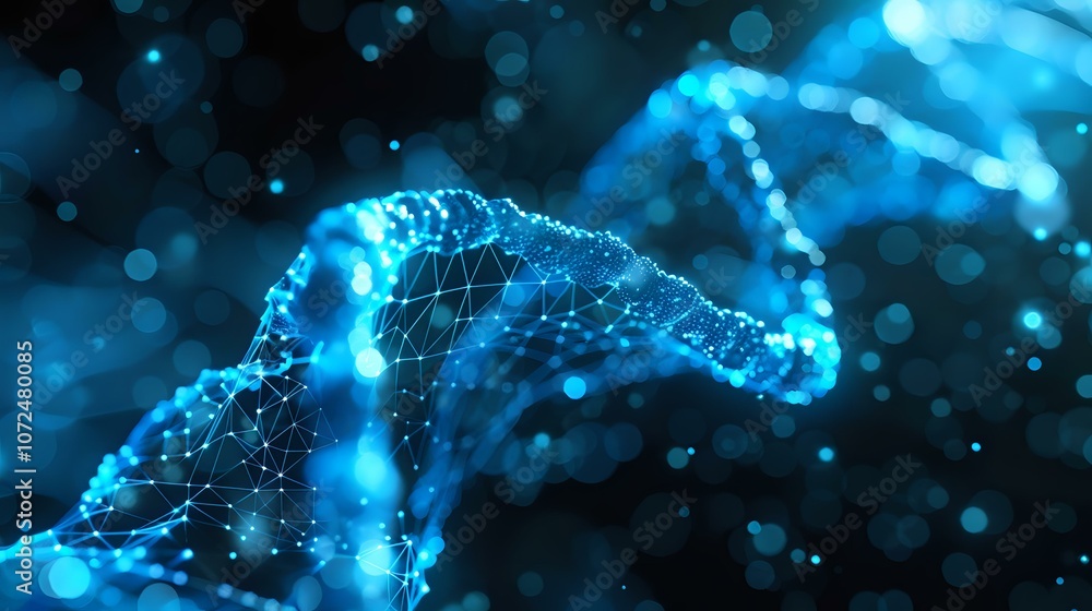 Aufkleber digital representation of dna molecule structure in glowing blue neon light with particles and depth