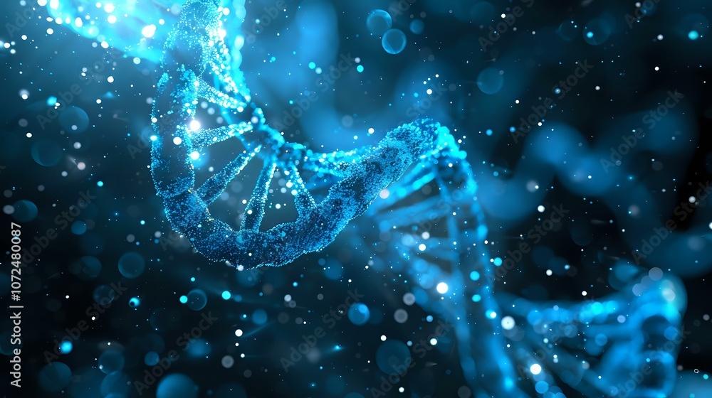 Aufkleber glowing blue dna strand structure floating in dark space with particles and bokeh effects, perfect f