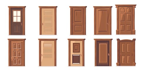 A collection of brown wooden interior doors, isolated on a white backdrop, Generative AI.