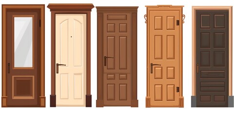 Fototapeta premium A collection of brown wooden interior doors, isolated on a white backdrop, Generative AI.