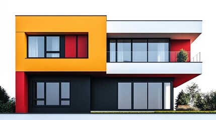 Modern house facade, bold colors, clean lines, large windows, minimalist architecture style, isolated on white background