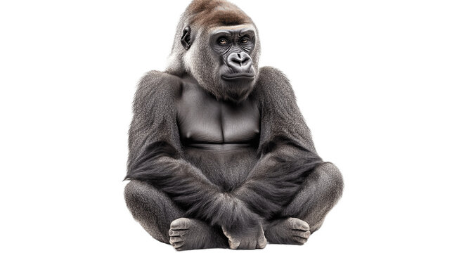 Silverback gorilla sitting isolated on transparent background