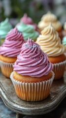 Colorful cupcakes with pastel frosting.