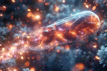 Futuristic glowing energy wave with orange and blue particles in space, perfect for technology and innovation concepts or abstract backgrounds.